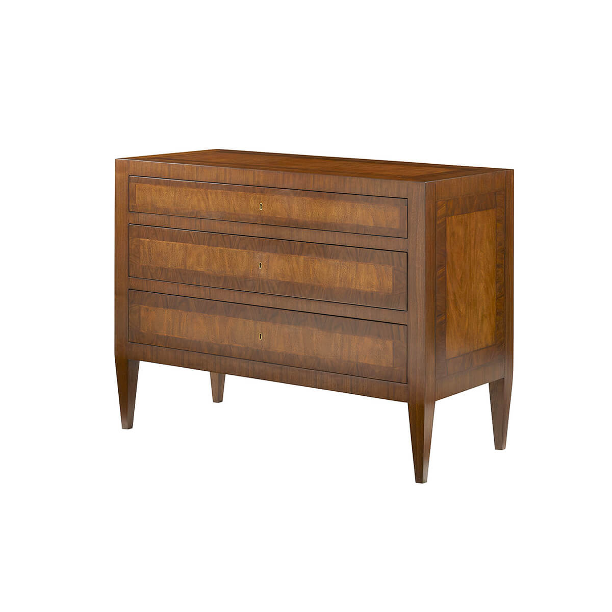 Three-drawer commode side view with wood finish.
