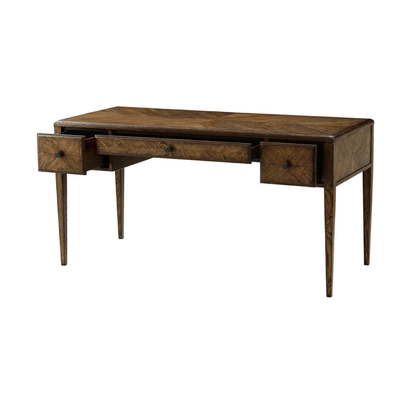 Italian NeoClassic oak parquetry desk with drawers open.