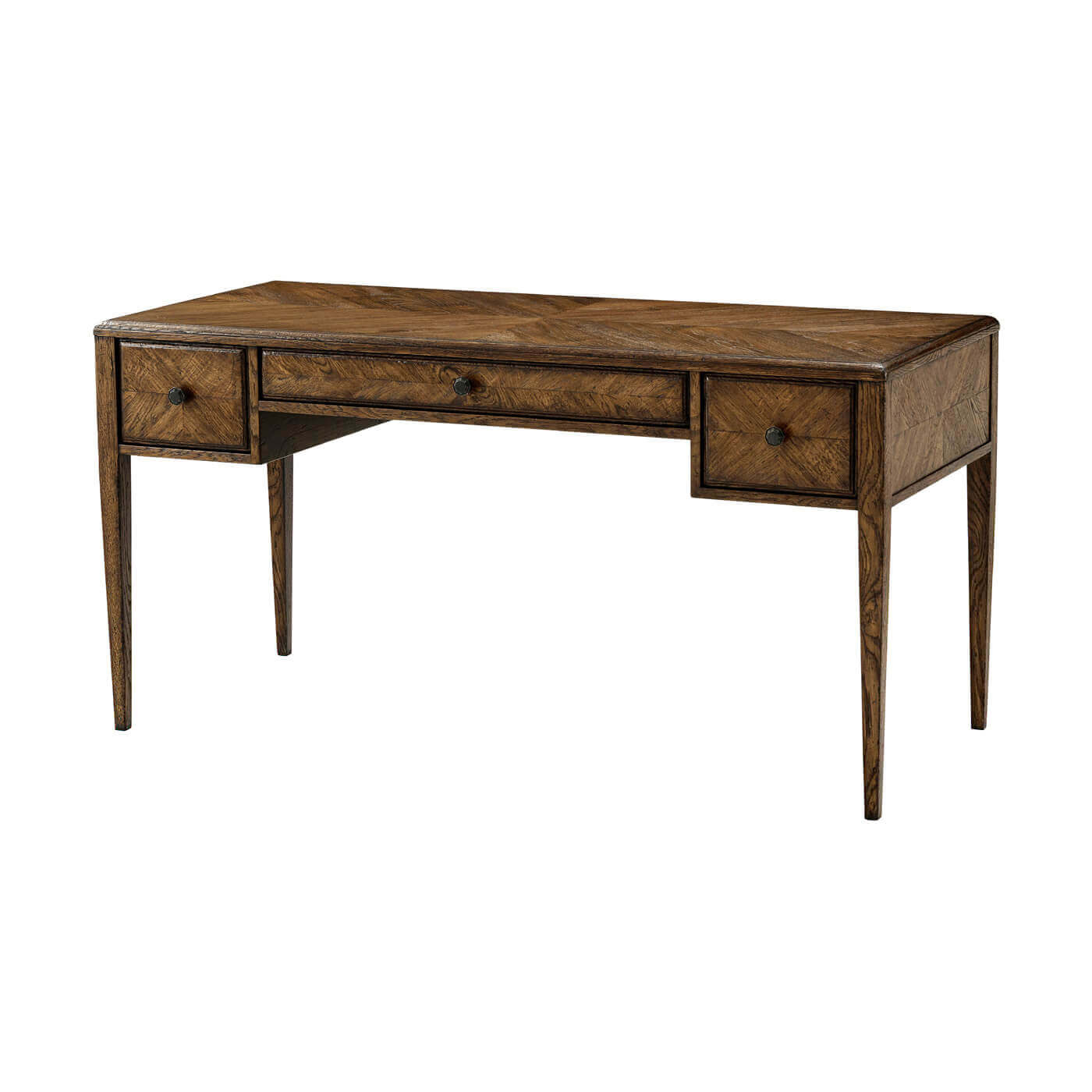 Italian NeoClassic oak parquetry desk front view, drawers closed.