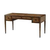 Italian NeoClassic oak parquetry desk front view, drawers closed.