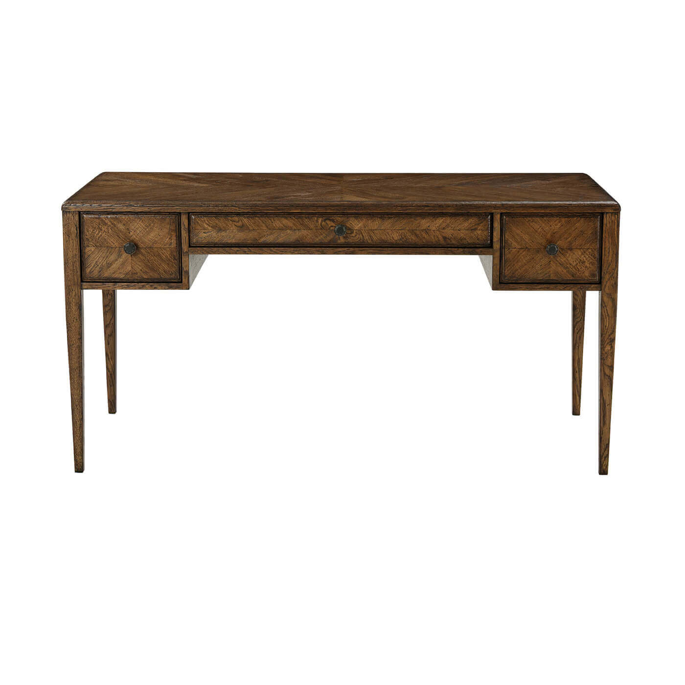 Front view of Italian NeoClassic oak parquetry desk.