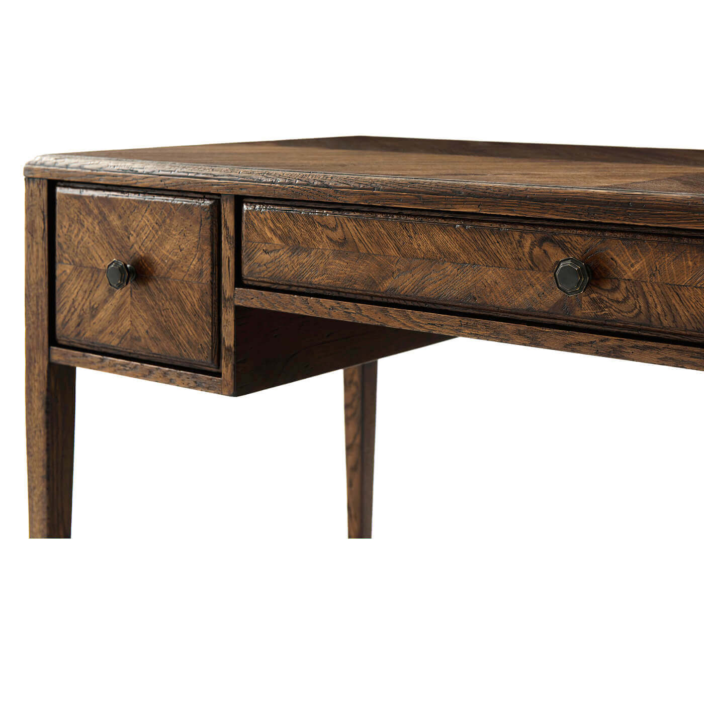 Close-up of Italian NeoClassic oak parquetry desk drawer.