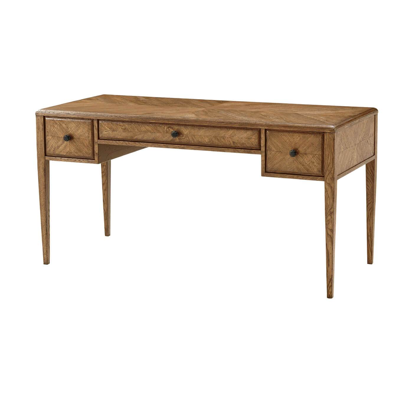 Wooden oak parquetry desk with three drawers, front view.