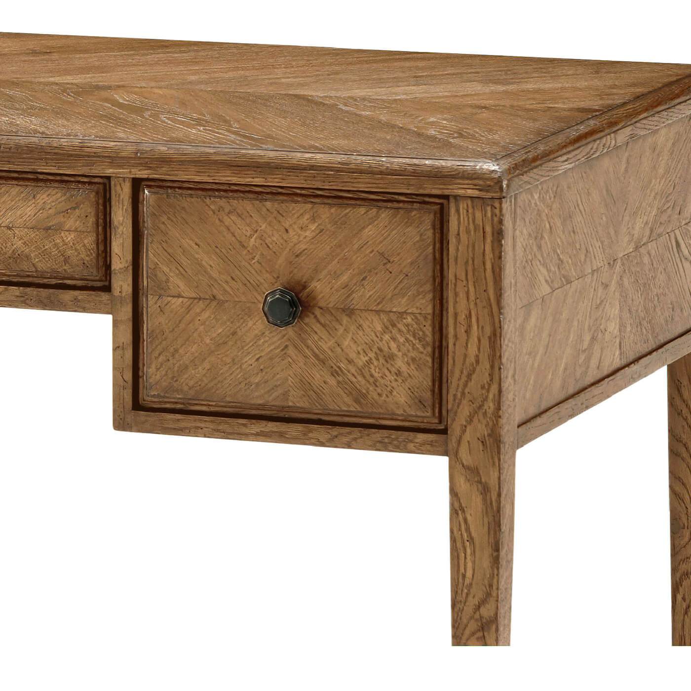 Oak desk drawer close-up with natural wood texture.