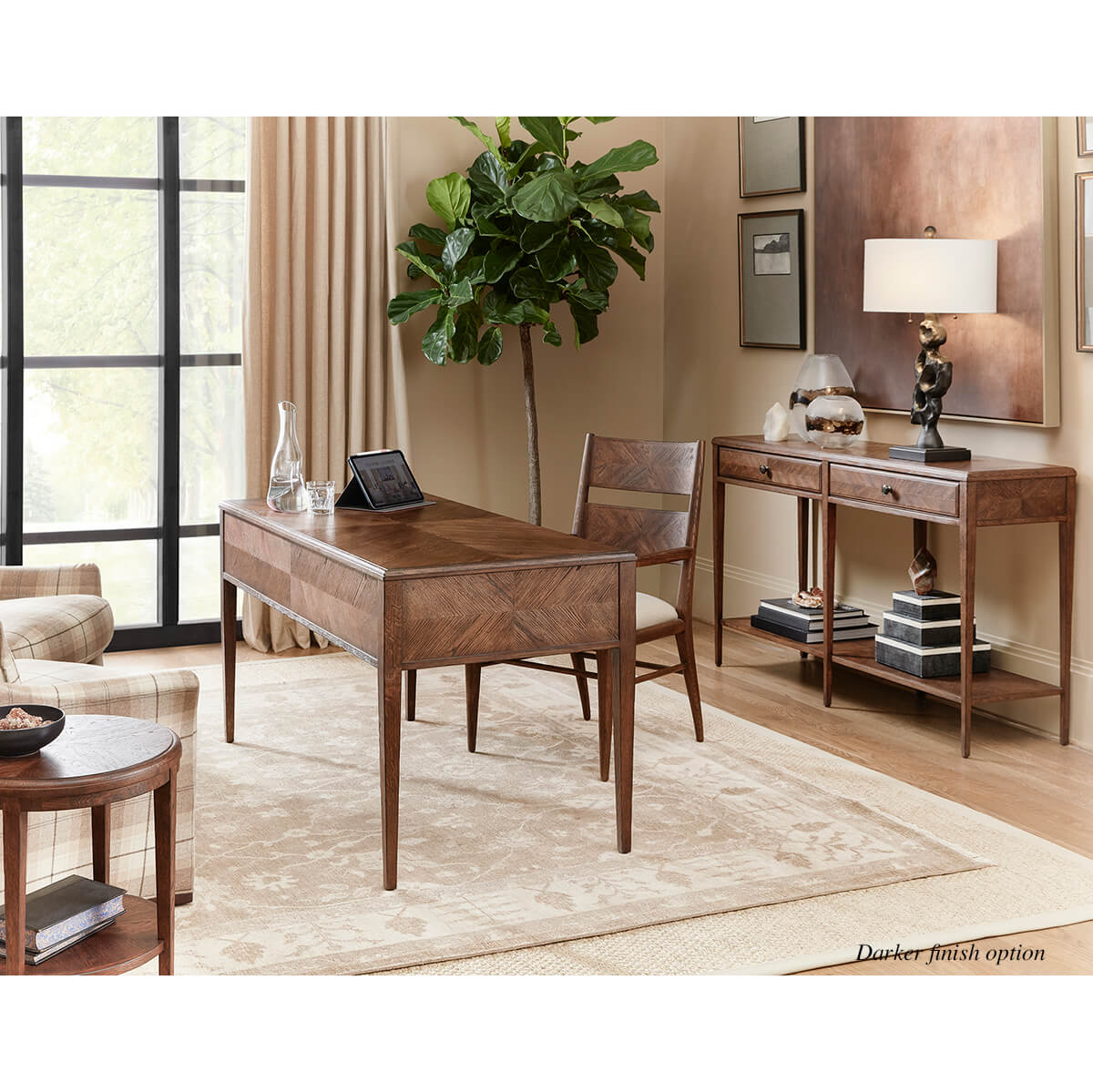 Oak parquetry desk in elegant room setting, styled view.