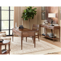 Oak parquetry desk in elegant room setting, styled view.