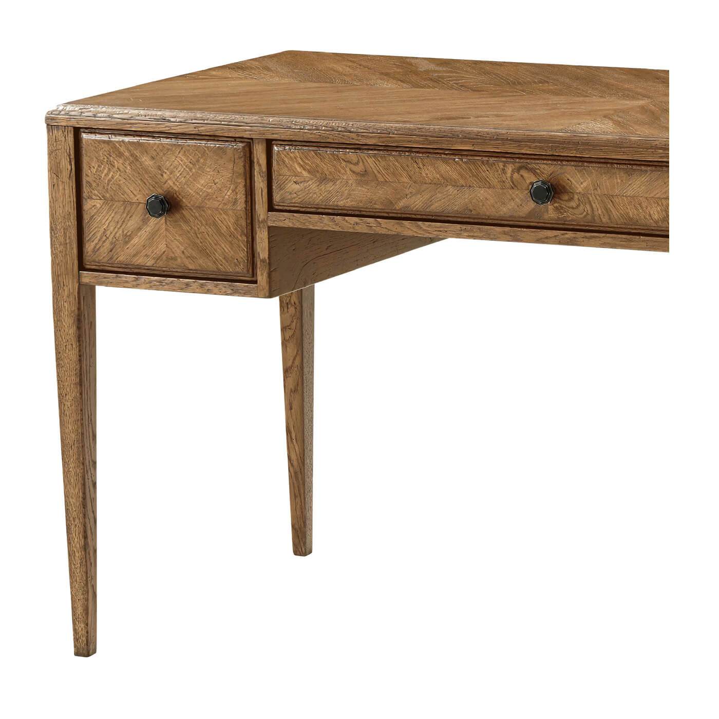 Close-up of oak desk corner with drawer detail.