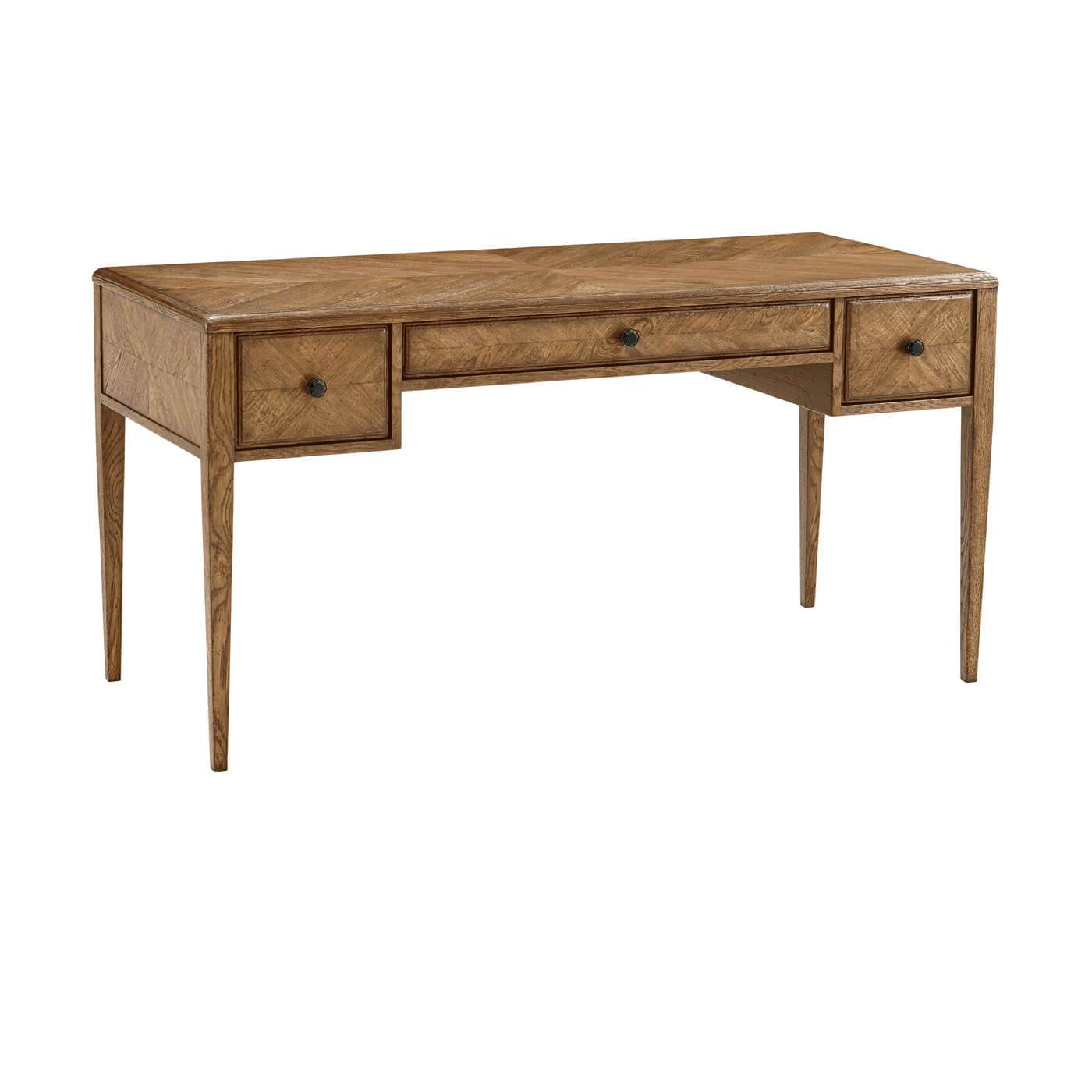 Italian-style oak parquetry desk, angled front perspective.