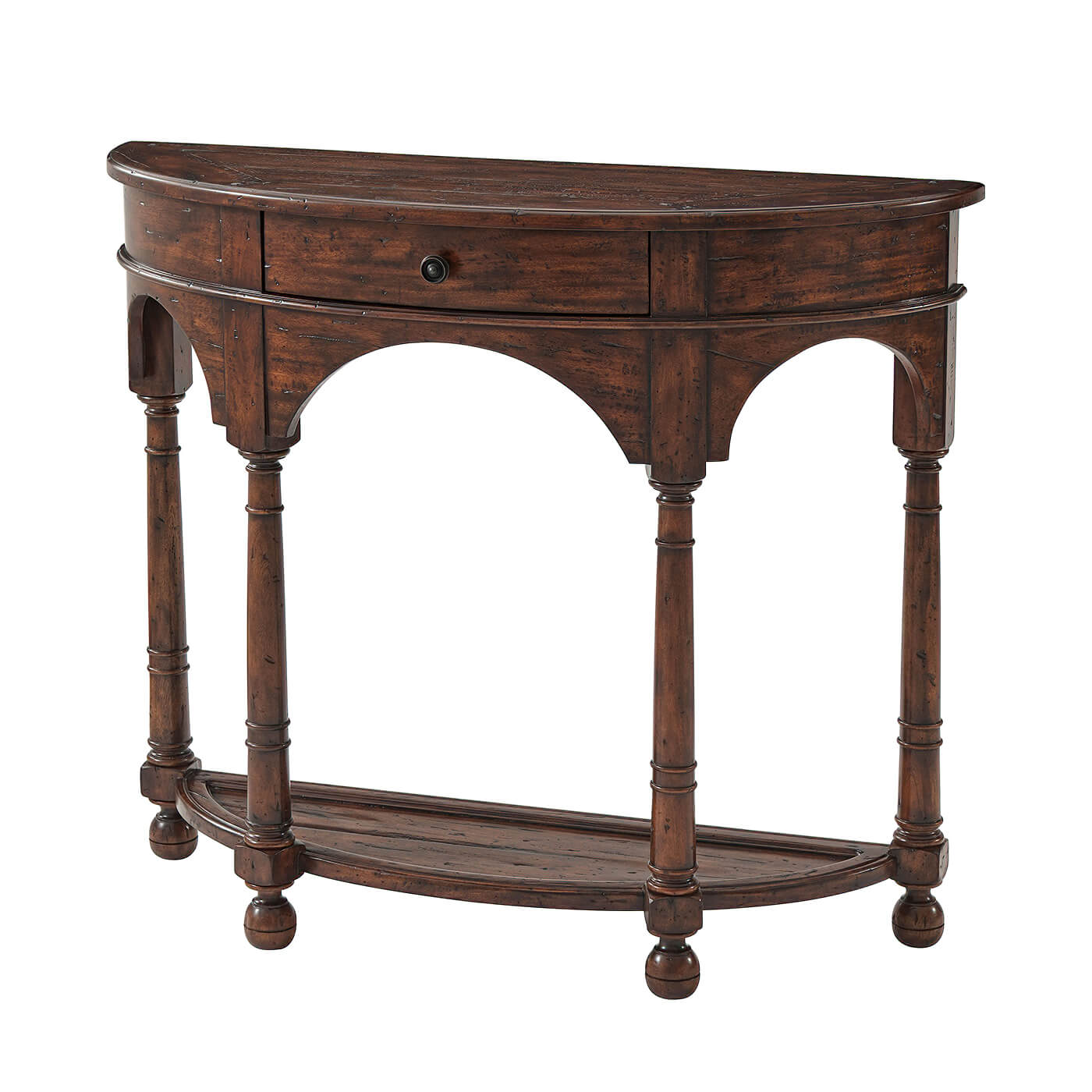 Bowfront console table side view with decorative legs.
