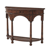 Bowfront console table side view with decorative legs.