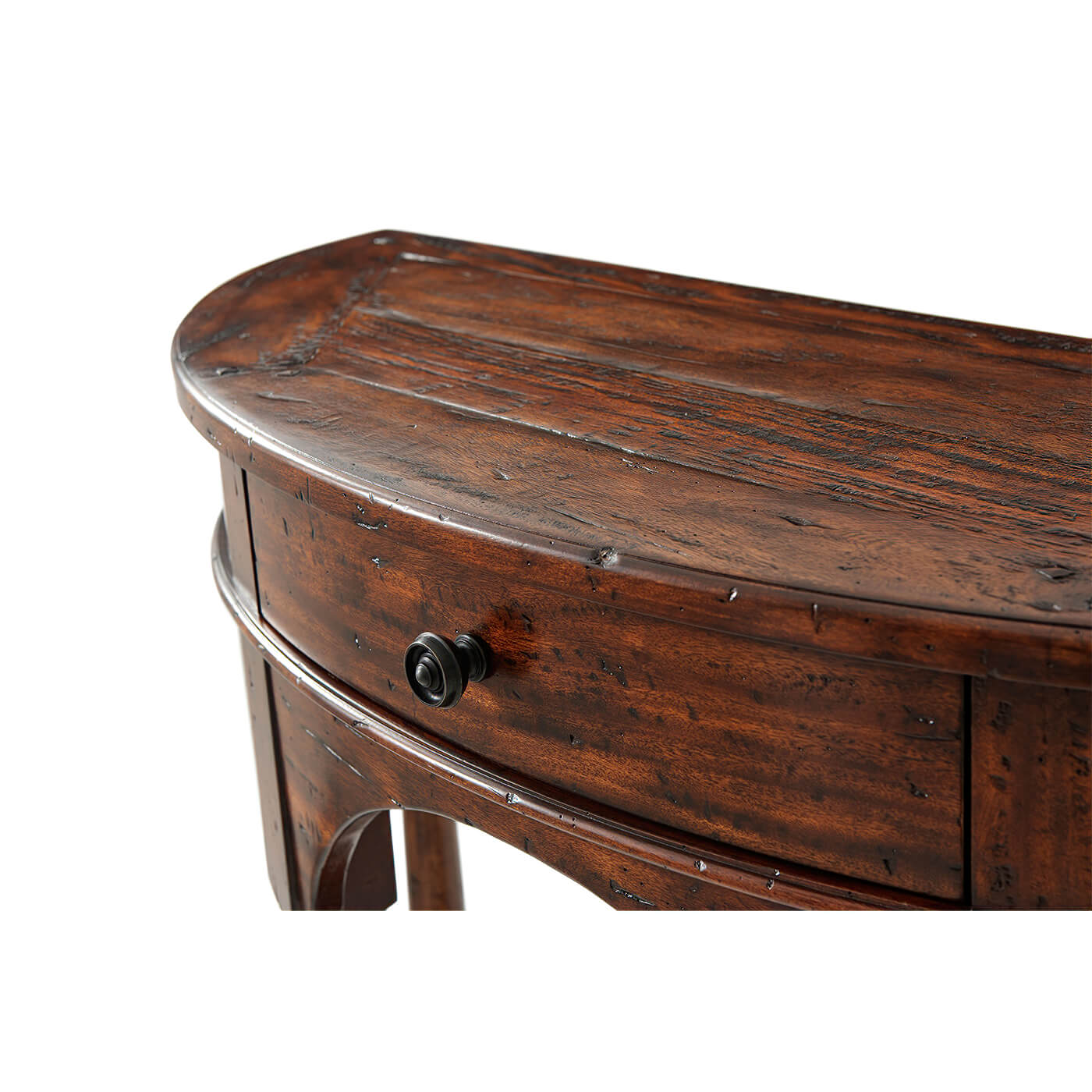 Bowfront console table top detail with antique finish.