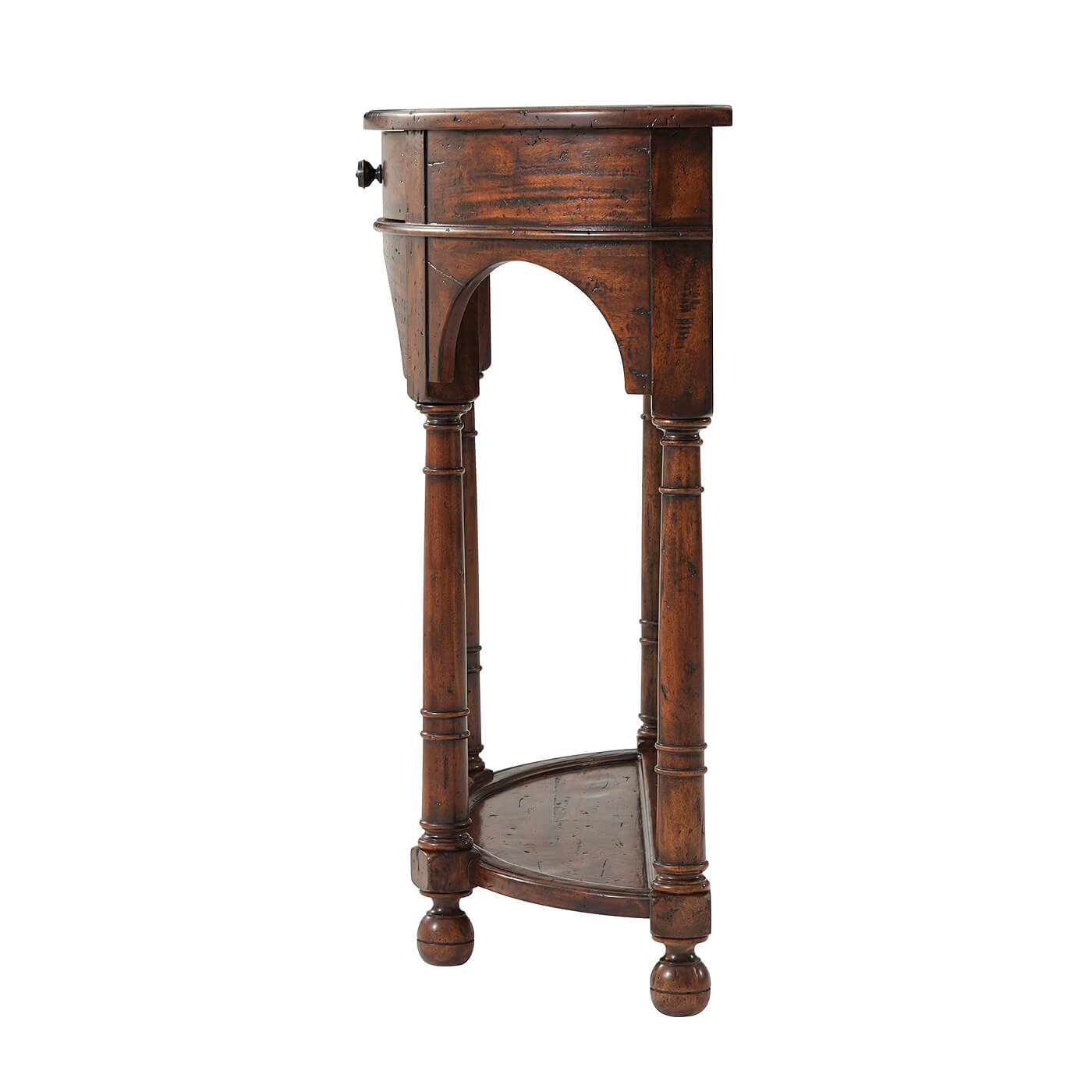 Bowfront console table side angle, elegant arched details.