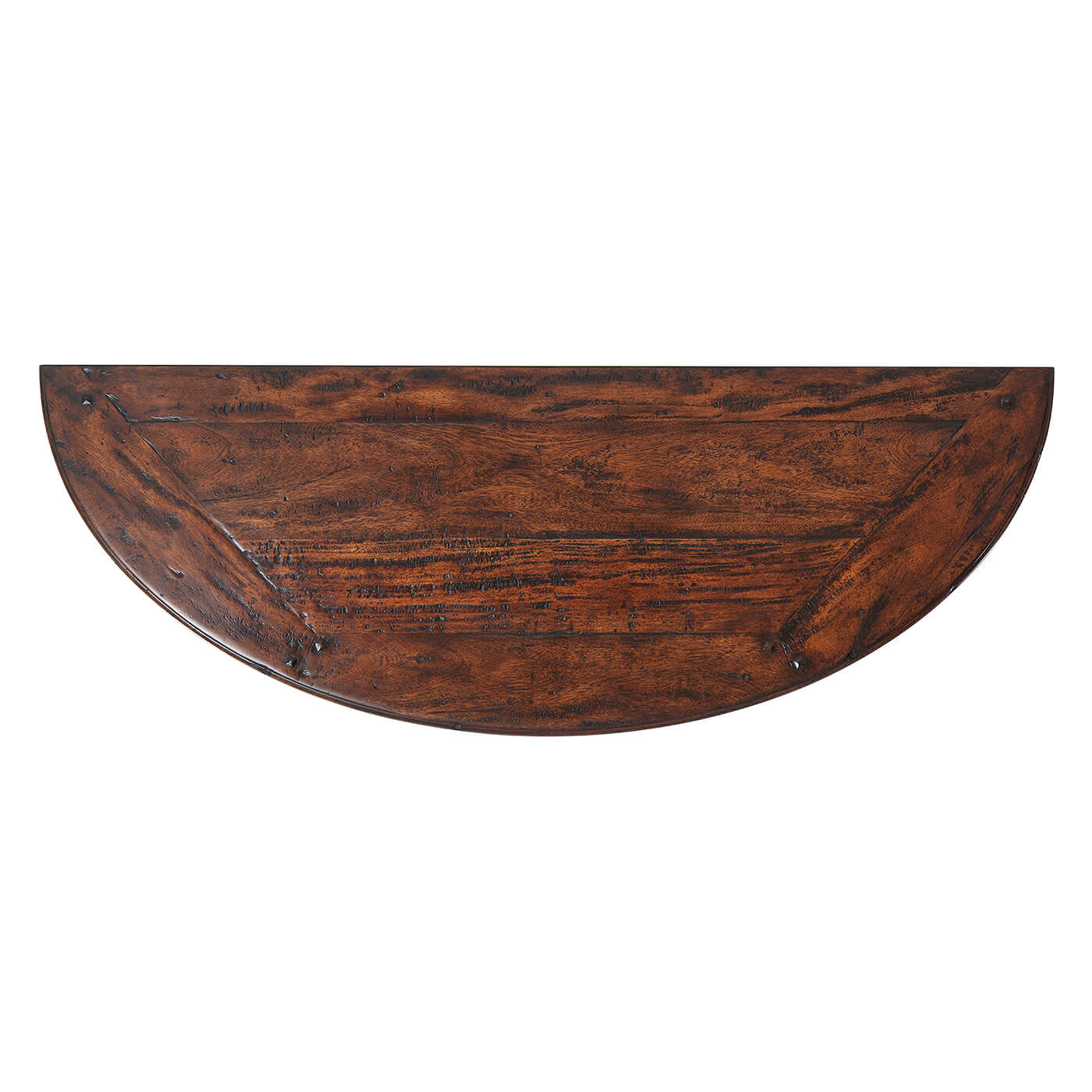 Top view of rustic wood bowfront console table.