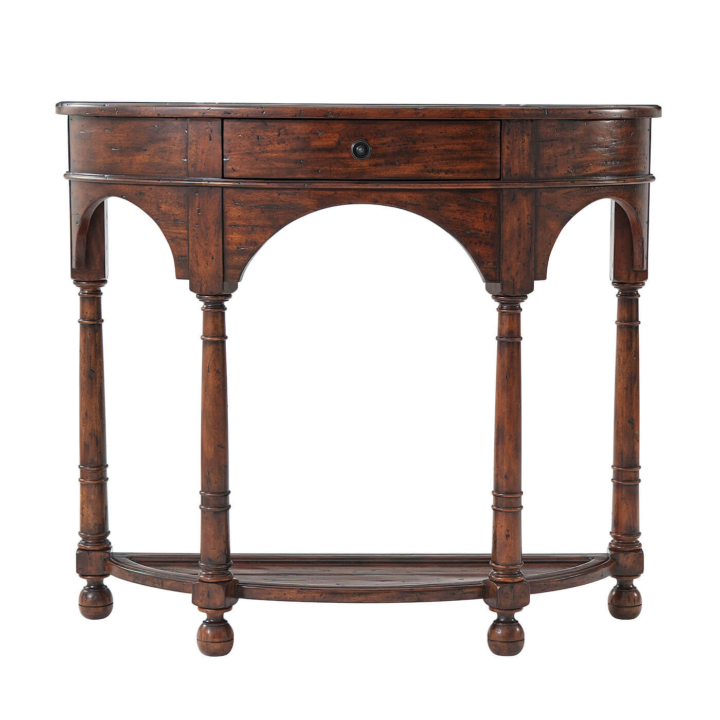 Bowfront console table front view, rich wood finish.
