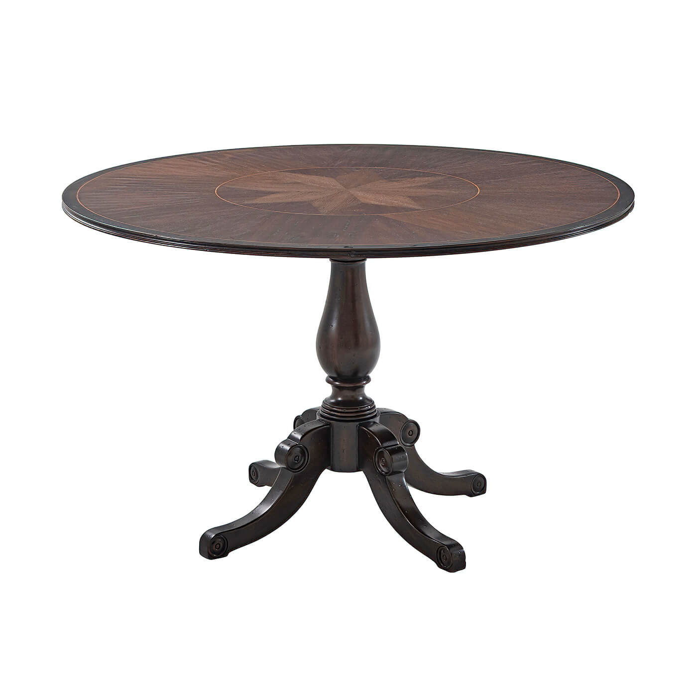 Round Italian Provincial dining table with ornate design.