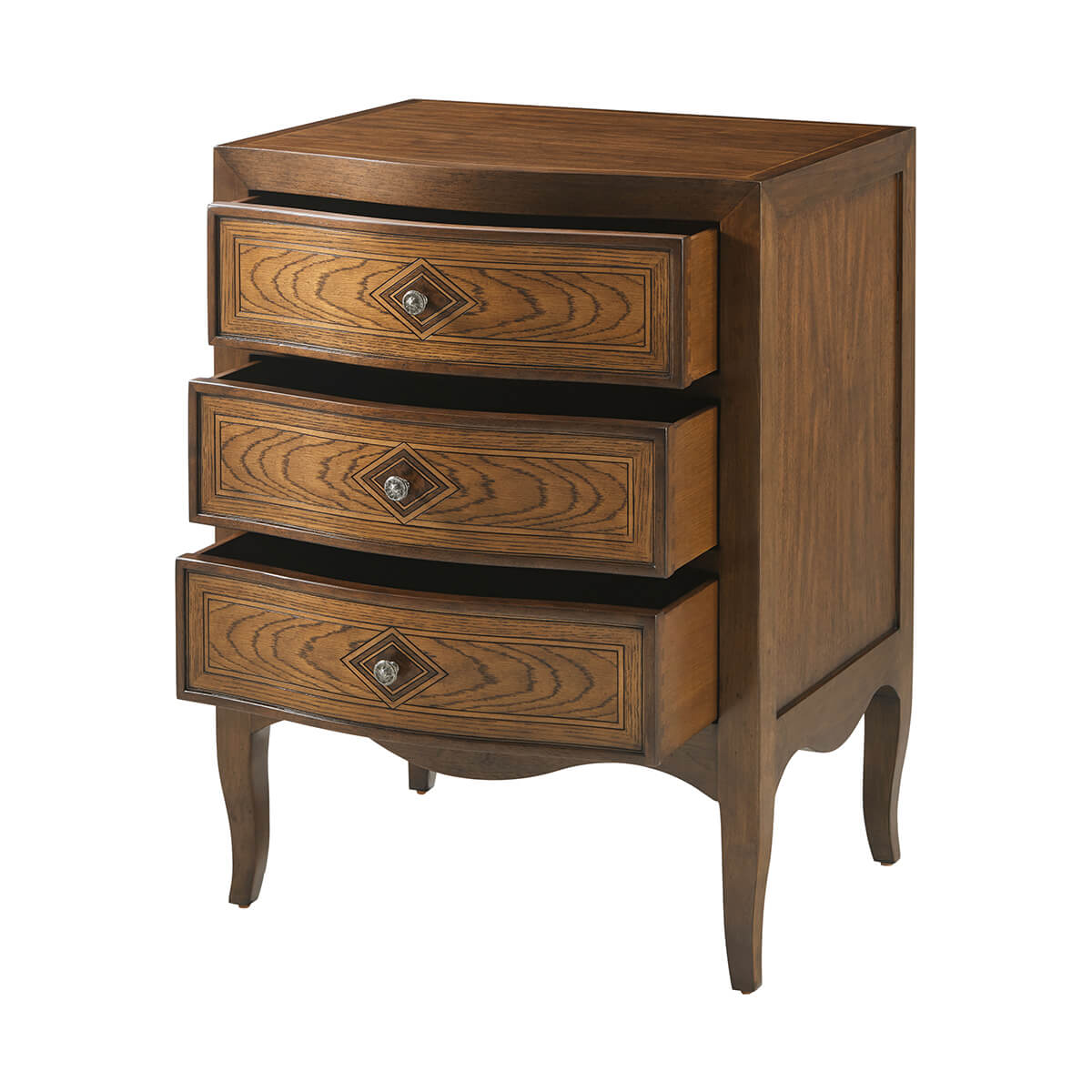 Italian Provincial nightstand, open drawers, wooden finish.