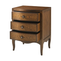Italian Provincial nightstand, open drawers, wooden finish.