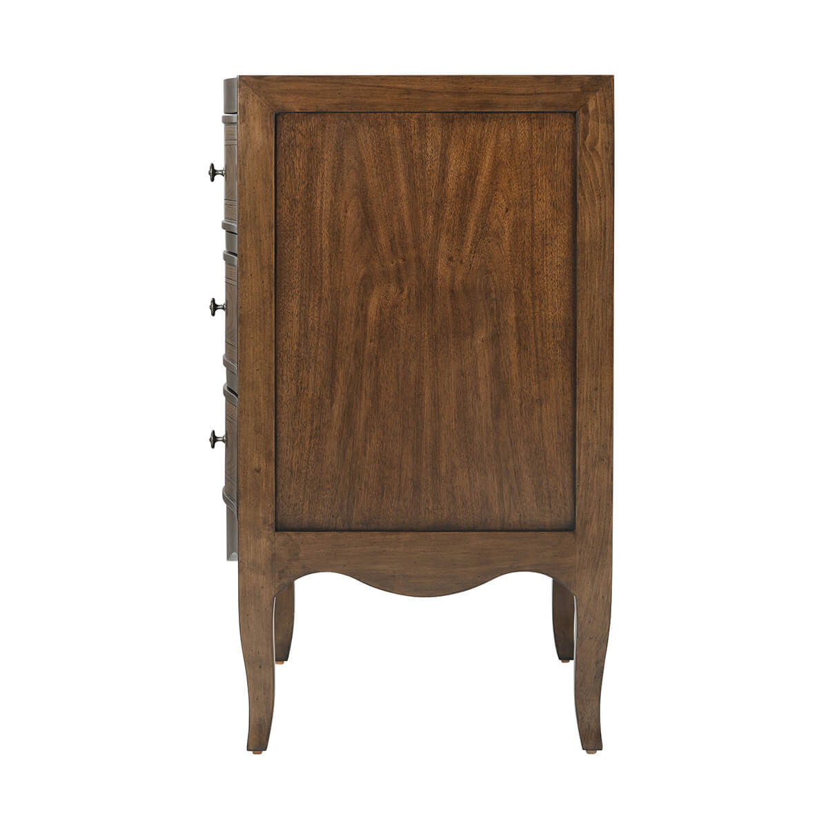 Side profile of Italian Provincial nightstand, wood panel design.