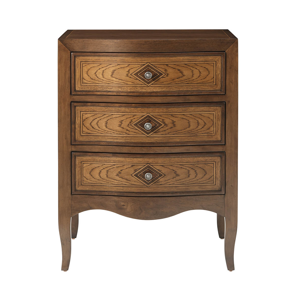 Front view of Italian Provincial nightstand with three drawers.