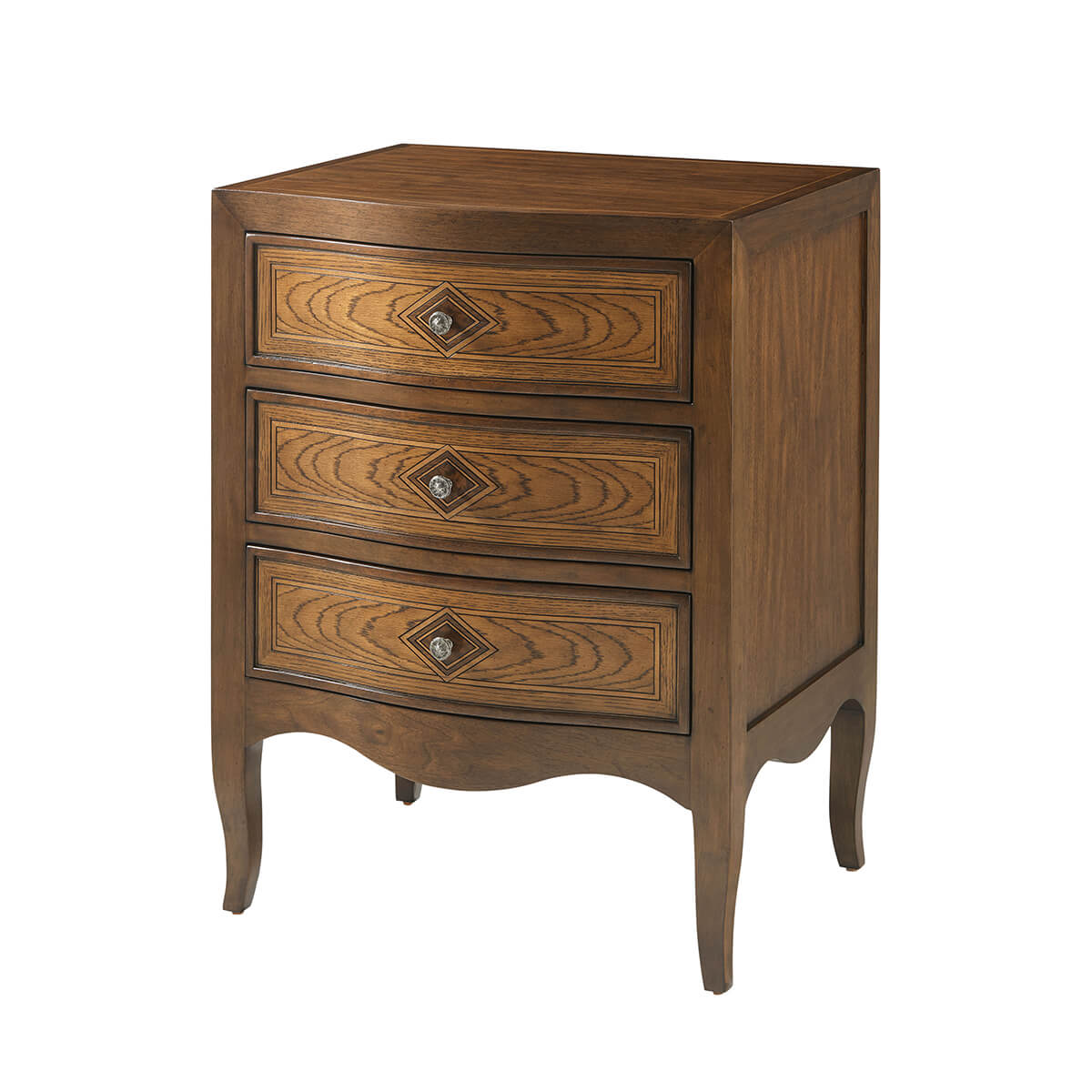Three-drawer Italian Provincial nightstand, side angle view.