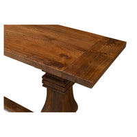 Console table surface and leg connection, detailed wood grain.