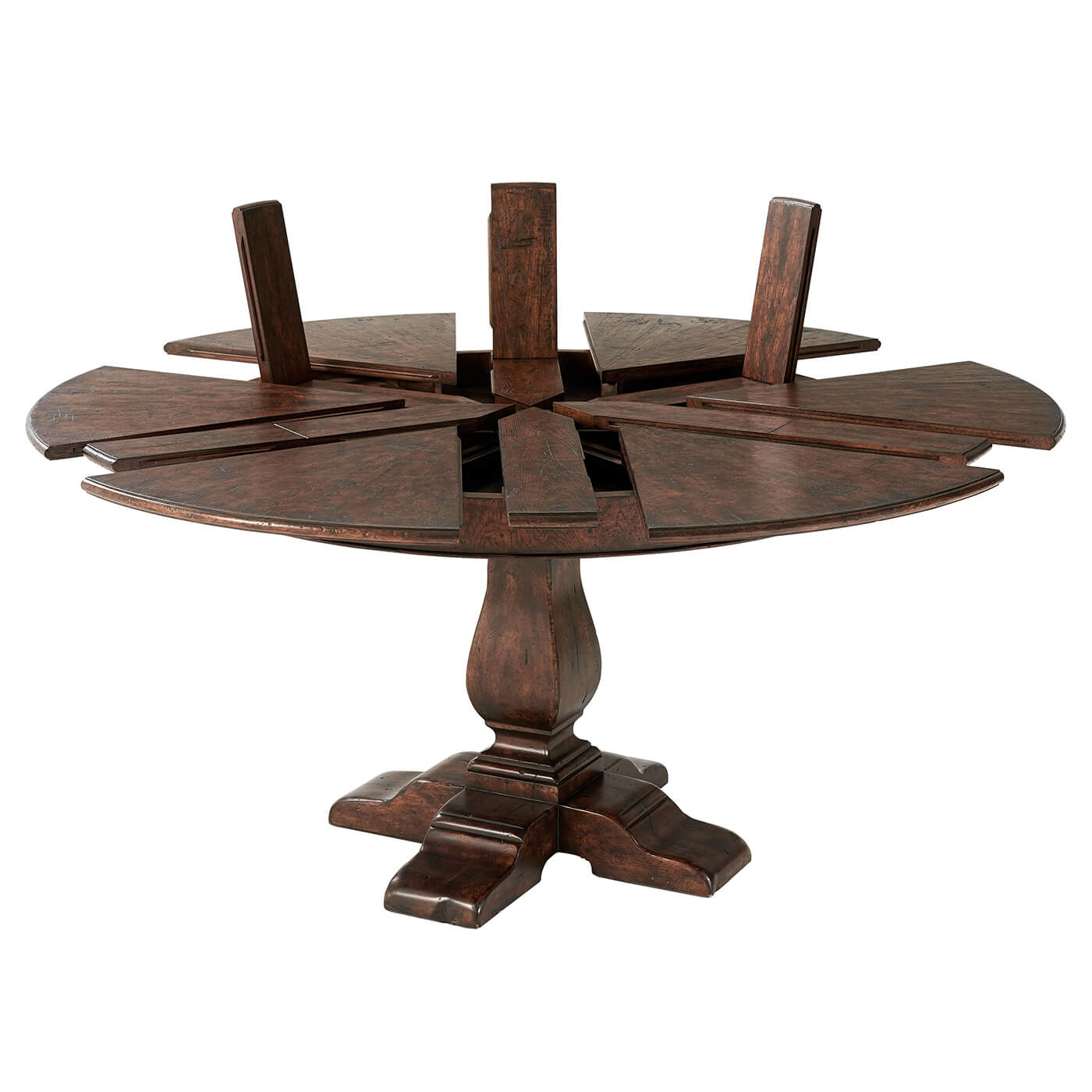 Dining table with visible extension mechanism, top view.