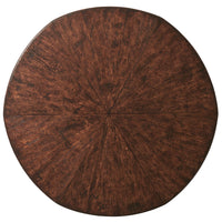 Detailed top view of round dining table surface.