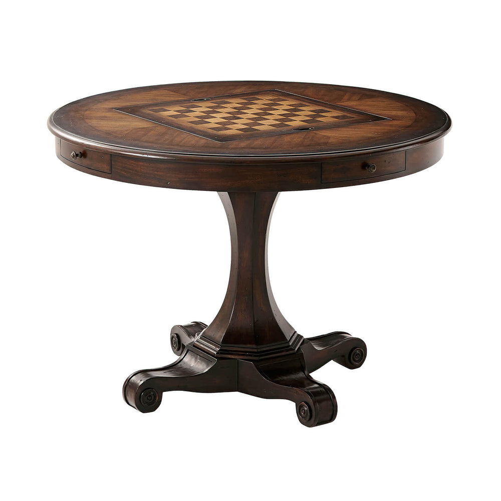 Round game table with chessboard top view.