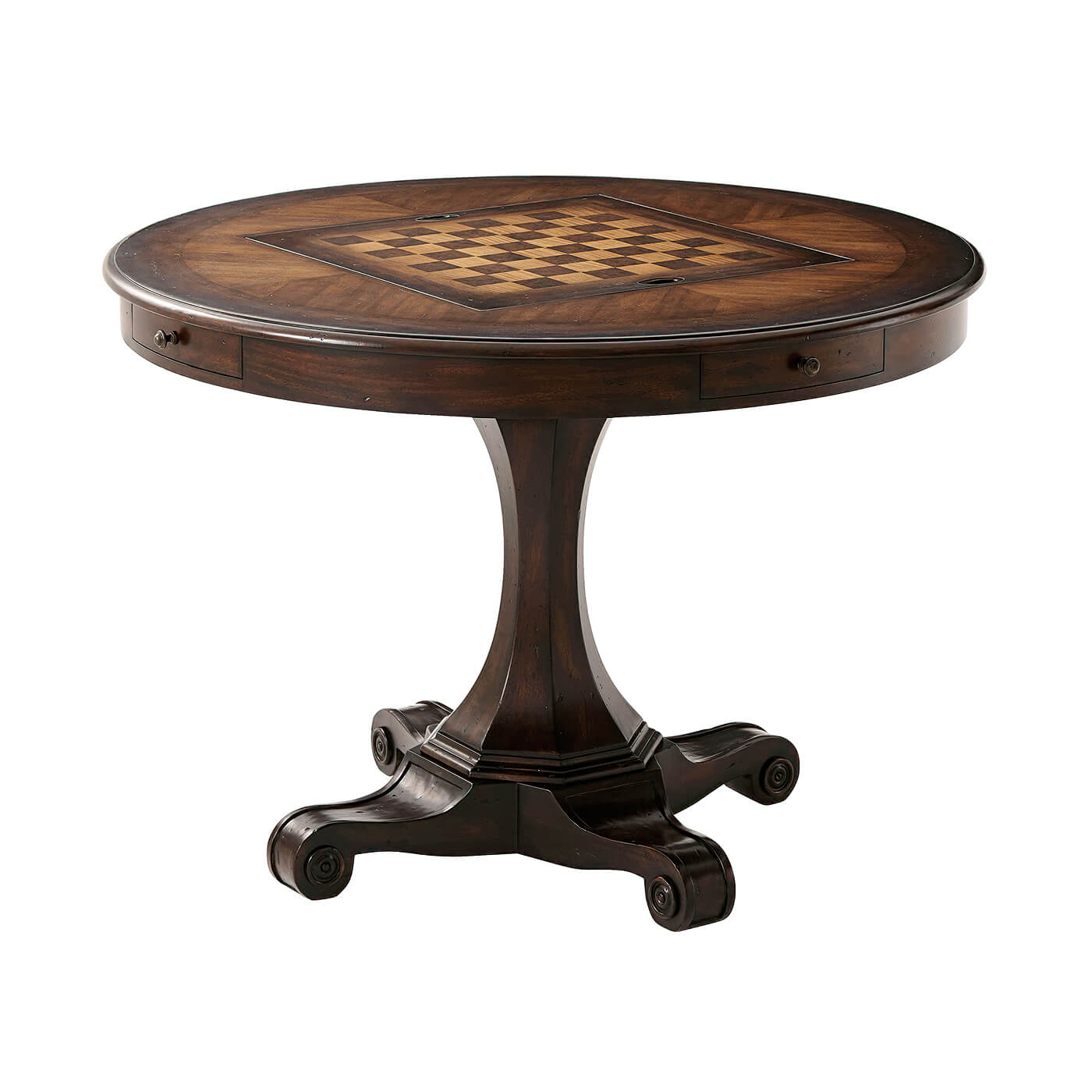 Round game table with chessboard top view.