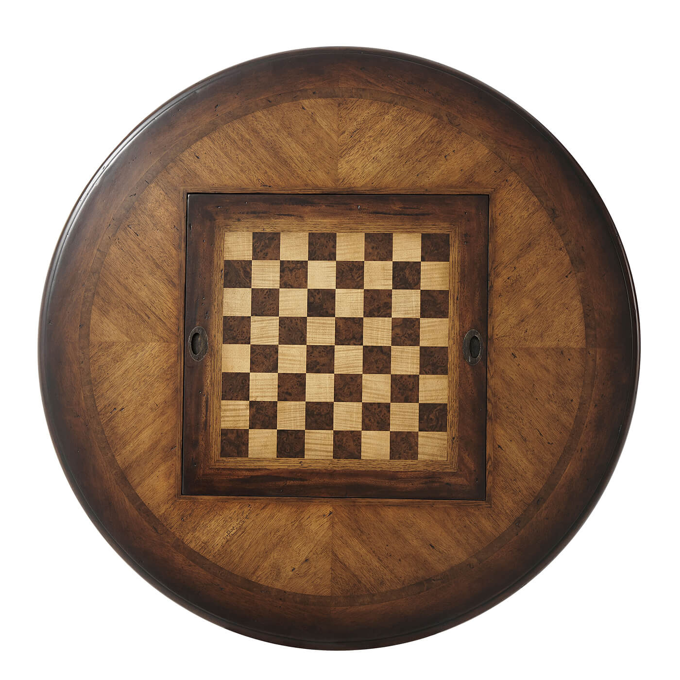 Round wooden game table with chessboard pattern.