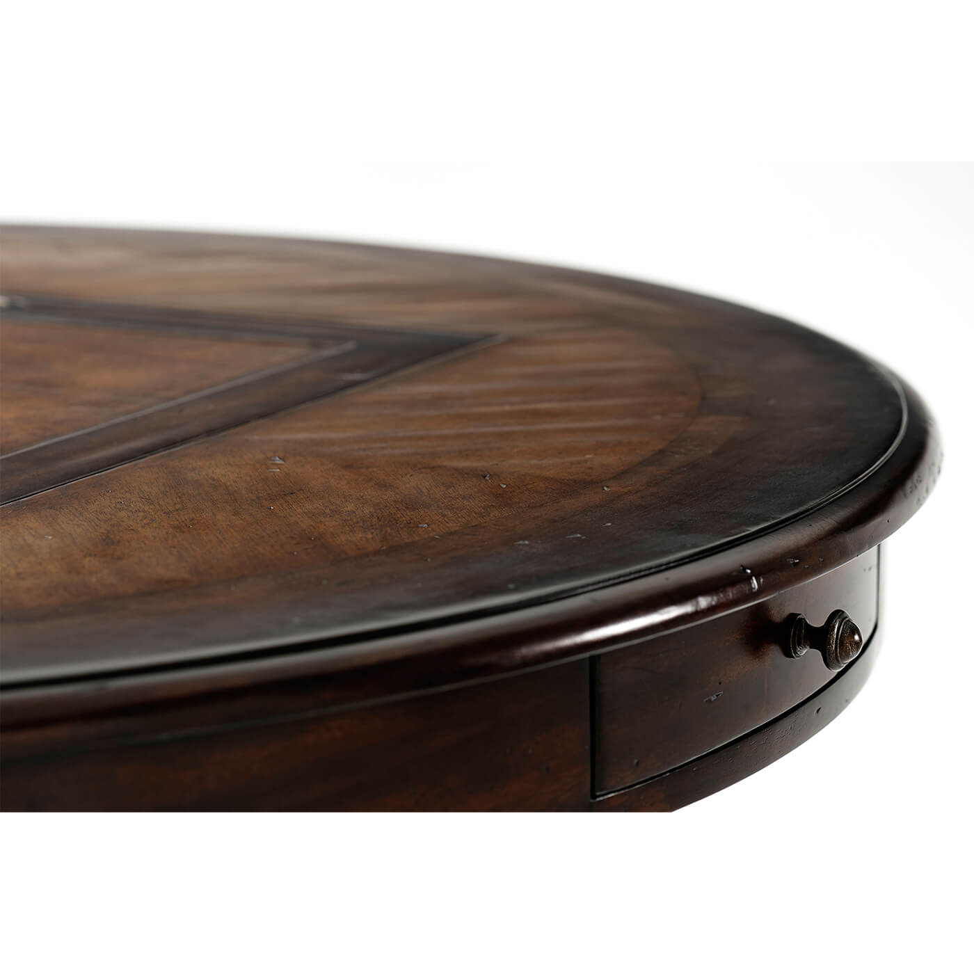 Side view of round game table drawer detail.