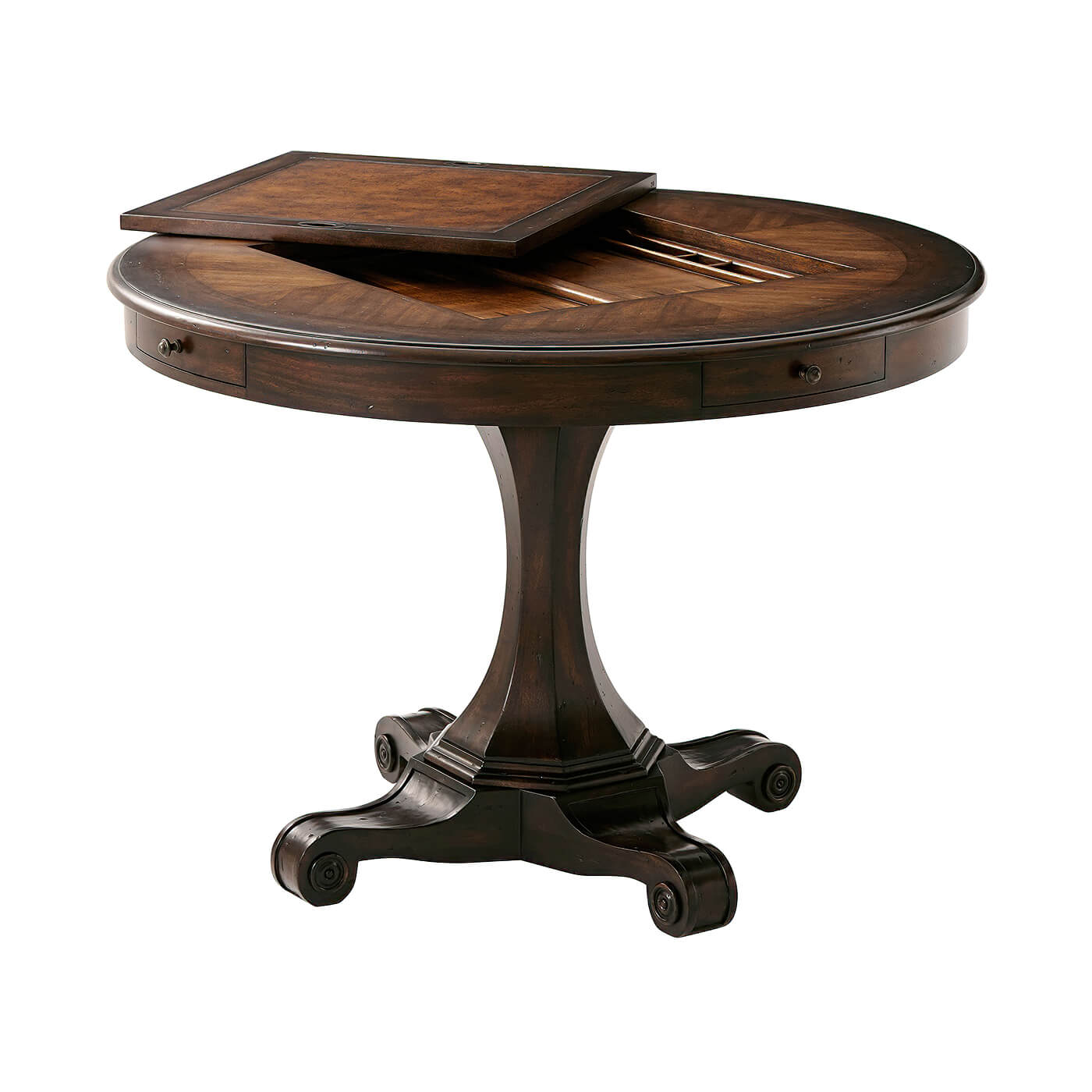 Round game table with removable chessboard insert.
