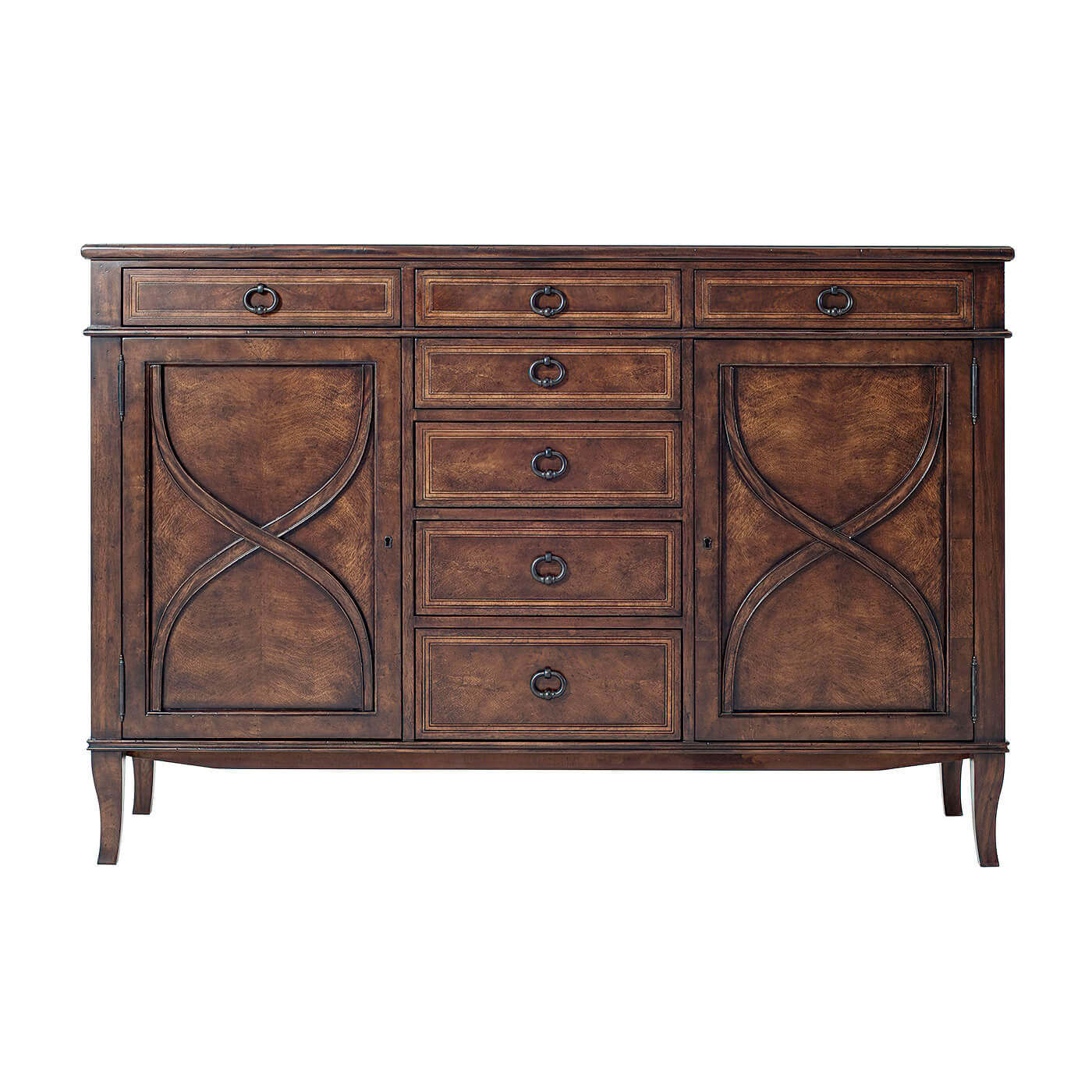 Front view of Italian sideboard buffet cabinet with drawers.