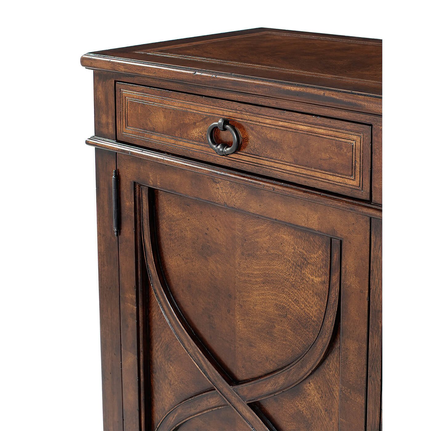 Corner detail of Italian sideboard buffet cabinet with handle.