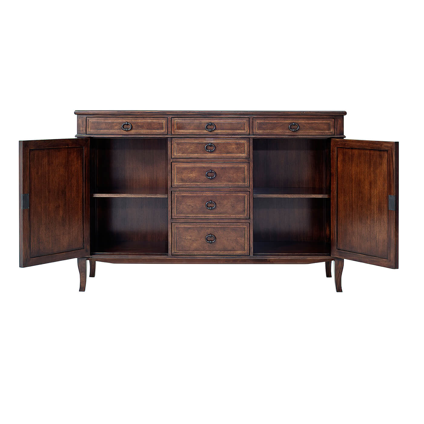 Open doors of Italian sideboard buffet cabinet revealing shelves.