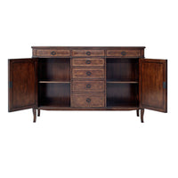 Open doors of Italian sideboard buffet cabinet revealing shelves.