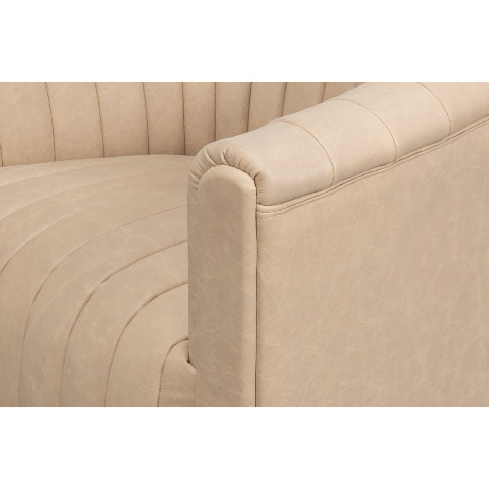 Close-up side panel stitching, ivory accent chair