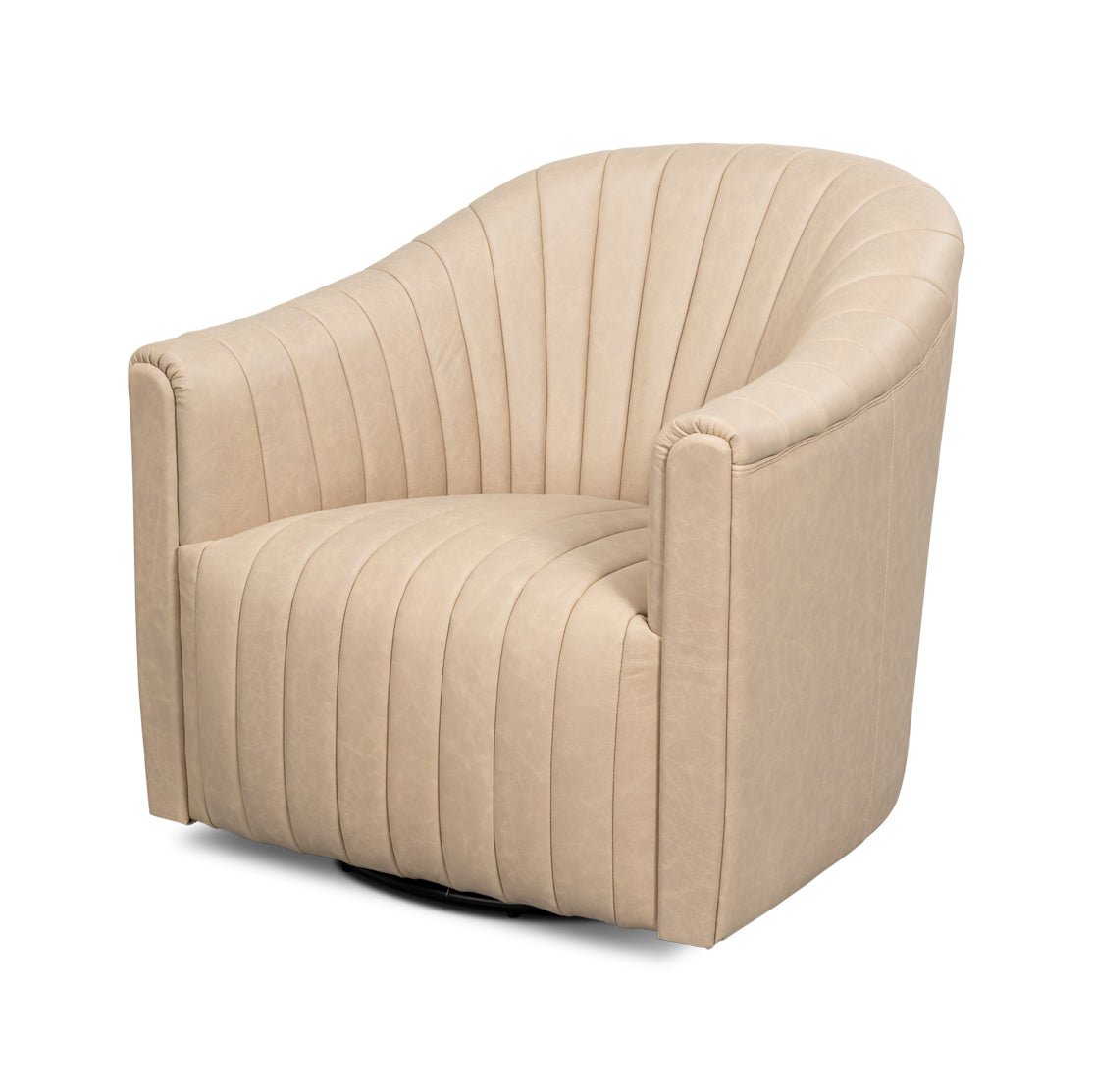 Ivory swivel chair angled view, channel tufted design