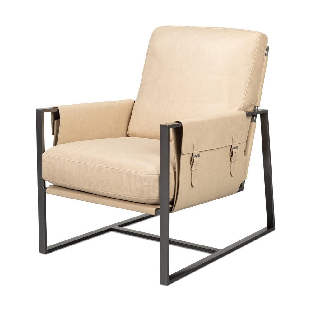 Ivory leather accent chair angled front view.