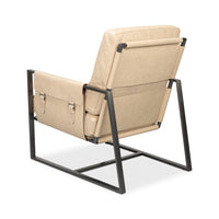 Back angled view of ivory leather accent chair.