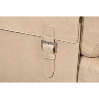 Buckle detail on ivory leather chair side pocket.