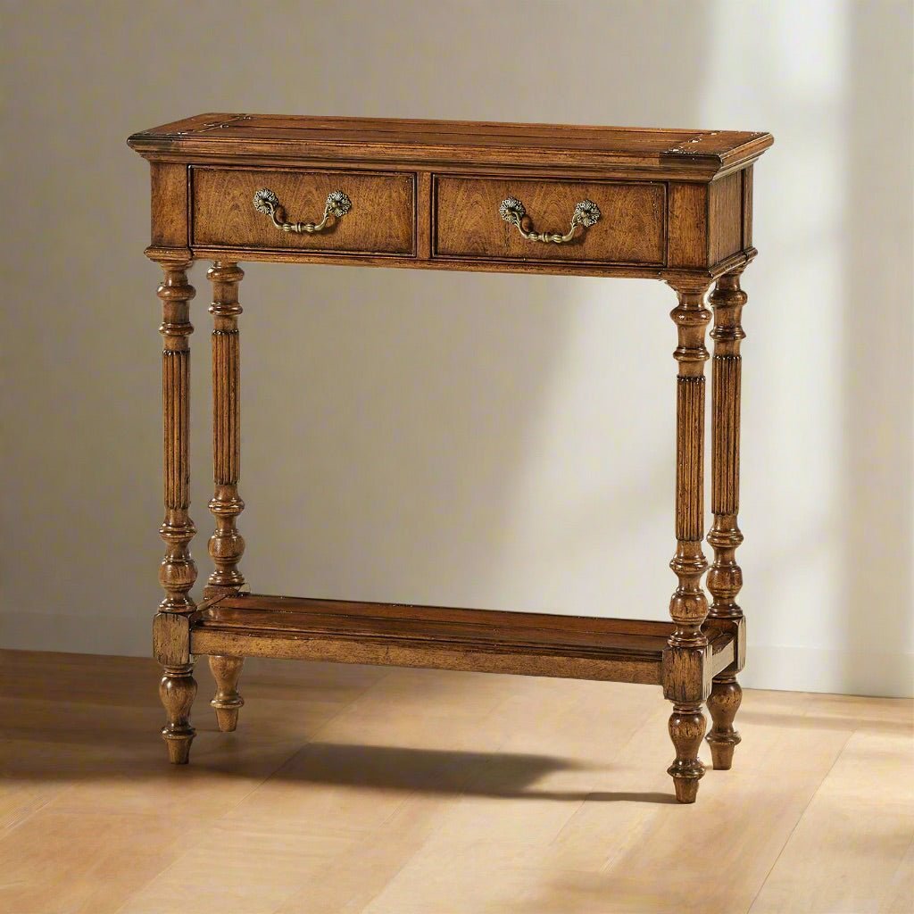 Jacobean short narrow console table room setting