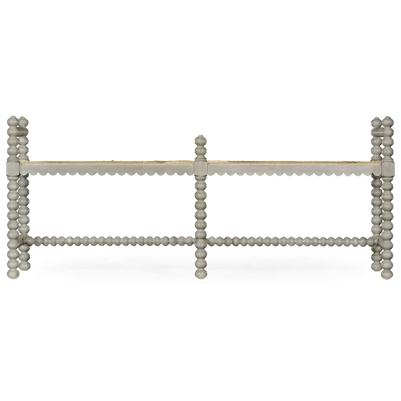 Front view of Jacobean style grey painted bench.