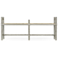 Front view of Jacobean style grey painted bench.