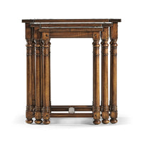 Front perspective of stacked Jacobean style tables.