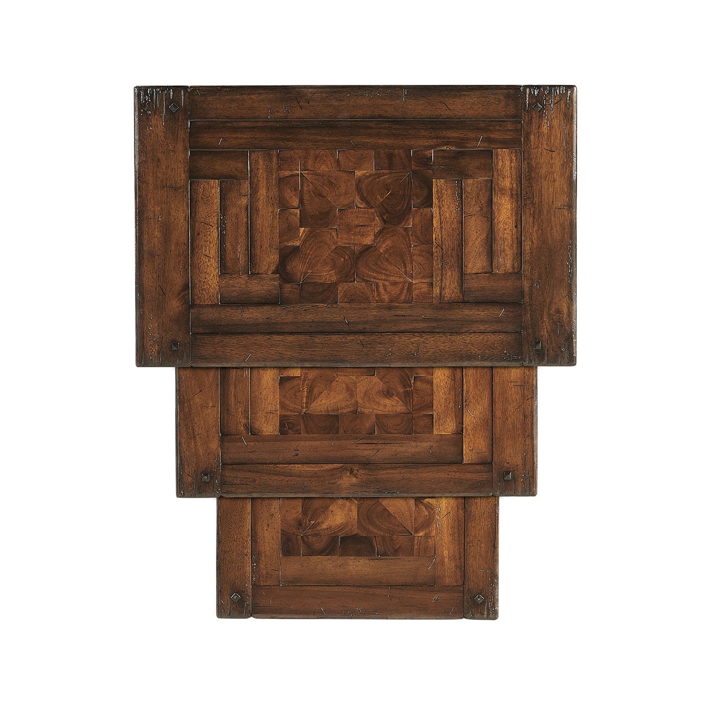 Top view of nested Jacobean style tables.