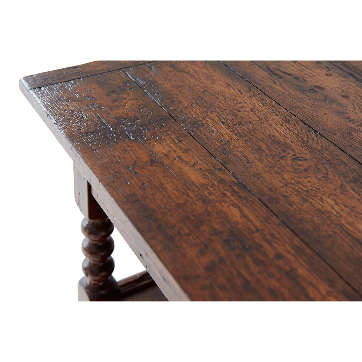 Close-up of Jacobean nightstand wood texture.