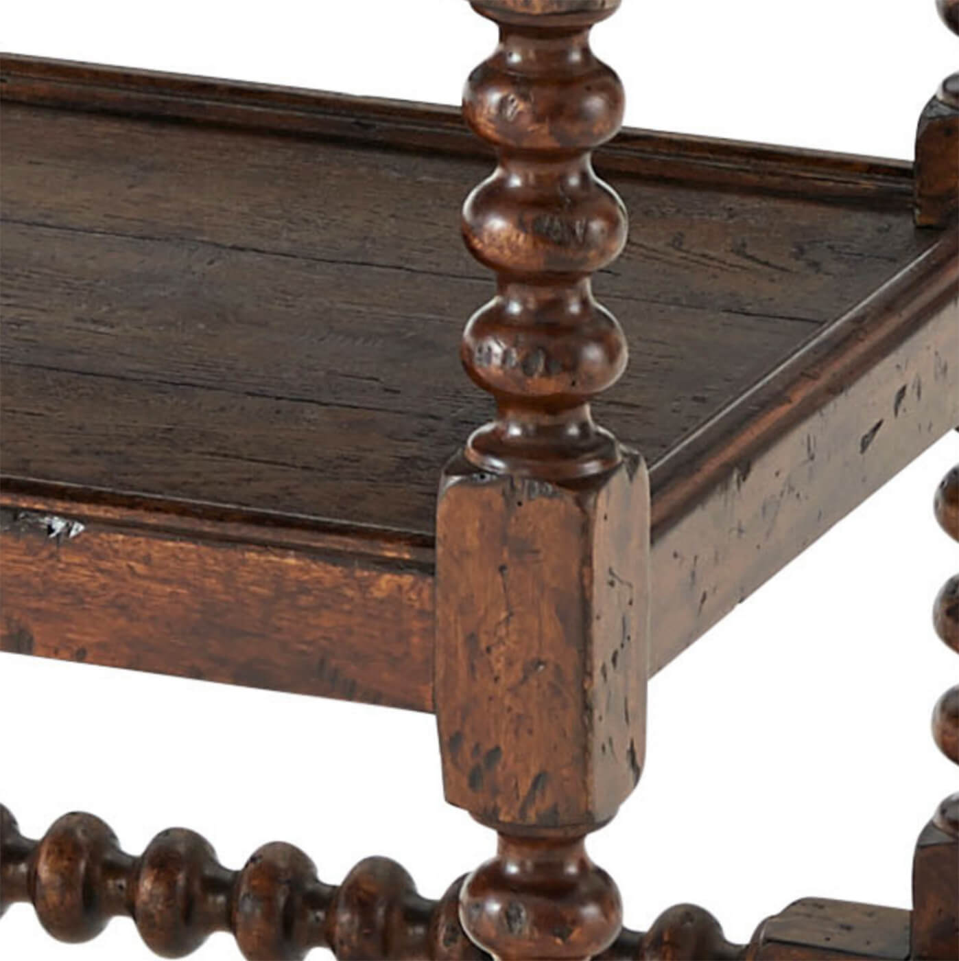 Jacobean style nightstand spindle leg detail.