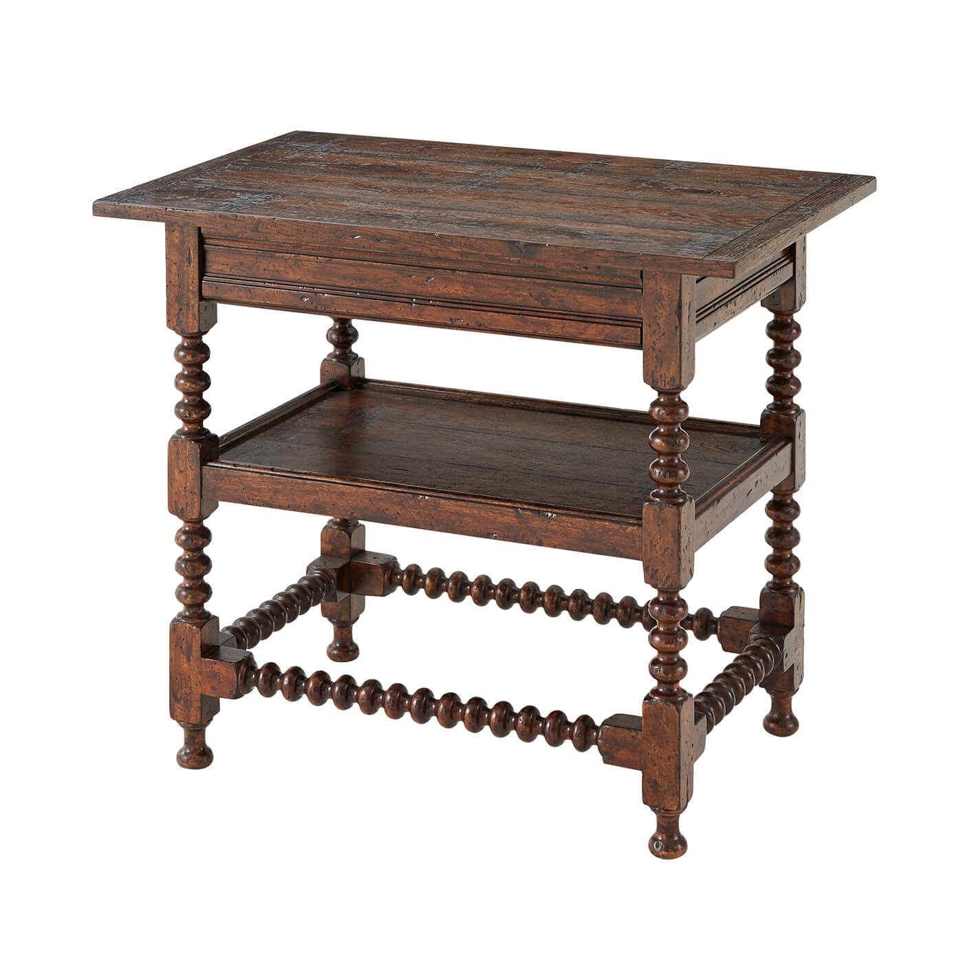 Jacobean style nightstand front view, closed drawer.
