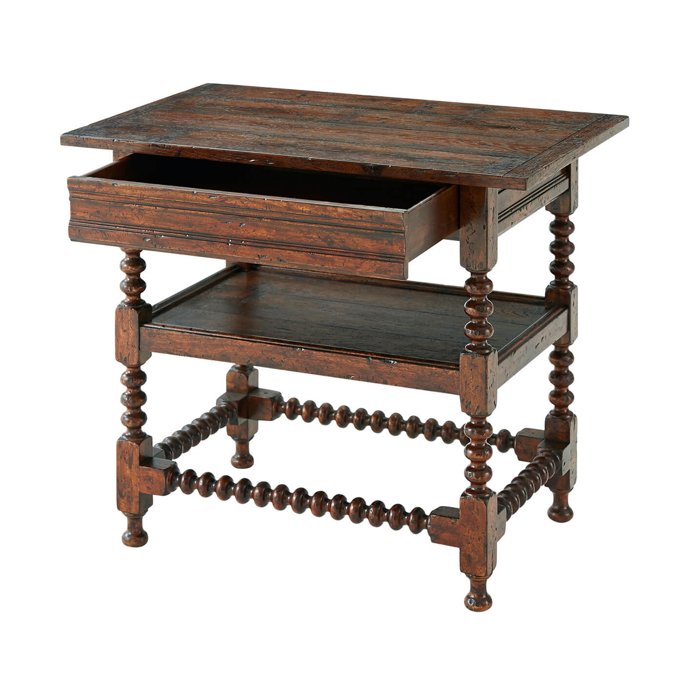 Jacobean style nightstand front view, open drawer.